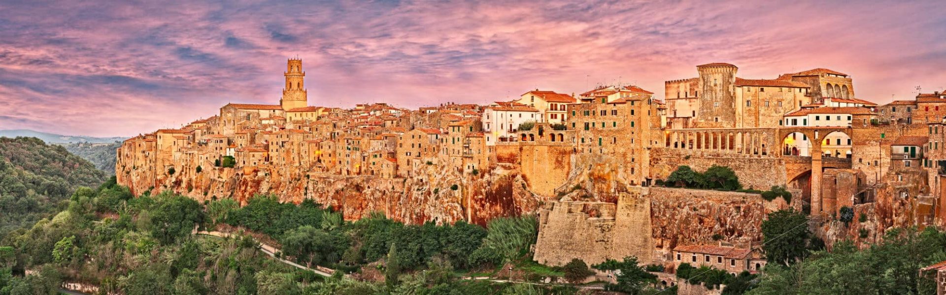 Pitigliano, Grosseto, Tuscany, Italy: panoramic view of the medieval village founded in Etruscan time on the tuff hill