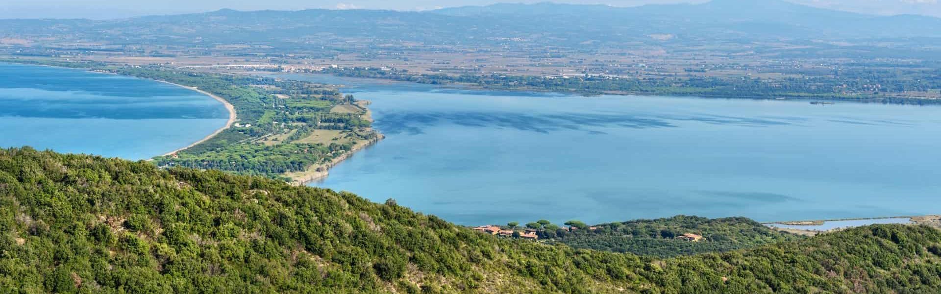 View of Tombolo della Giannella in lagoon Orbetello on peninsula Argentario. Italy